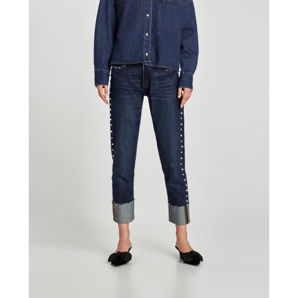 New Zara Pearl Side Strip Dark Blue Jeans 36 - Picture 6 of 8